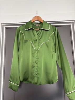 NWT Et Clet Green Western Button-Down Blouse with Contrast Piping - Size S